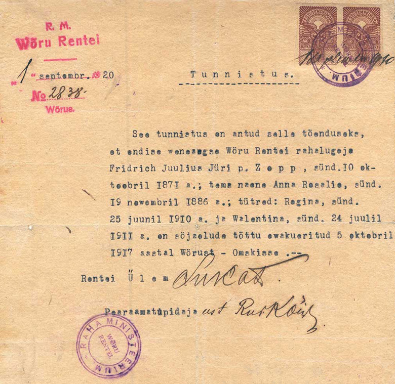 Võro rentei ehk riigikassa osakunna vällä ant tunnistus